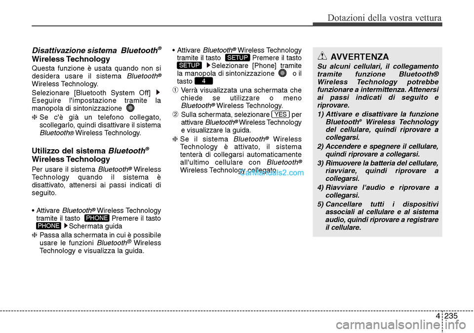 Hyundai Santa Fe 2016 Manuale del proprietario (in Italian) 4 235
Dotazioni della vostra vettura
Disattivazione sistema Bluetooth®
Wireless Technology
Questa funzione è usata quando non si
desidera usare il sistema Bluetooth®
Wireless Technology.
Selezion Hyundai Santa Fe 2016 Manuale del proprietario (in Italian) 4 235
Dotazioni della vostra vettura
Disattivazione sistema Bluetooth®
Wireless Technology
Questa funzione è usata quando non si
desidera usare il sistema Bluetooth®
Wireless Technology.
Selezion