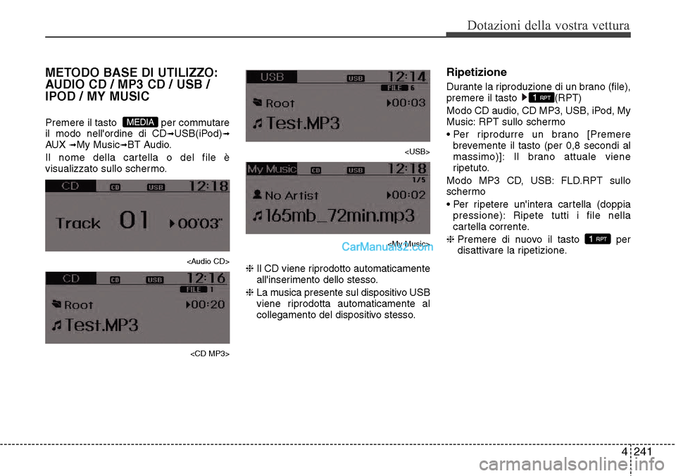 Hyundai Santa Fe 2016 Manuale del proprietario (in Italian) 4 241
Dotazioni della vostra vettura
METODO BASE DI UTILIZZO:
AUDIO CD / MP3 CD / USB /
IPOD / MY MUSIC
Premere il tasto per commutare
il modo nellordine di CD➟USB(iPod)➟AUX ➟My Music➟BT Au Hyundai Santa Fe 2016 Manuale del proprietario (in Italian) 4 241
Dotazioni della vostra vettura
METODO BASE DI UTILIZZO:
AUDIO CD / MP3 CD / USB /
IPOD / MY MUSIC
Premere il tasto per commutare
il modo nellordine di CD➟USB(iPod)➟AUX ➟My Music➟BT Au