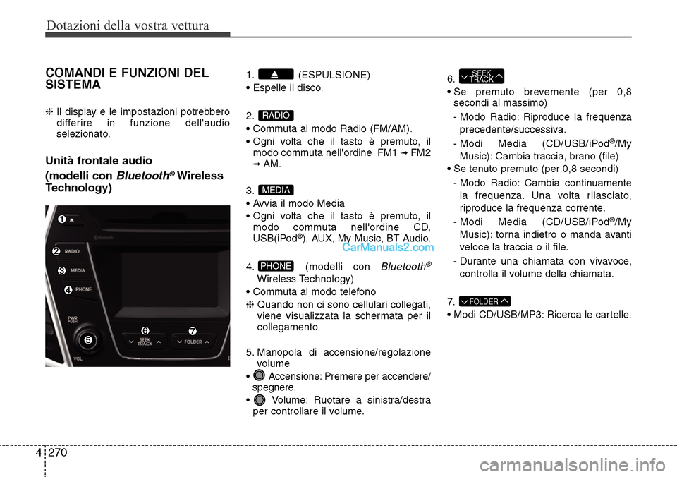 Hyundai Santa Fe 2016 Manuale del proprietario (in Italian) Dotazioni della vostra vettura
270 4
COMANDI E FUNZIONI DEL
SISTEMA
❈ Il display e le impostazioni potrebbero
differire in funzione dellaudio
selezionato.
Unità frontale audio
(modelli con
Bluet Hyundai Santa Fe 2016 Manuale del proprietario (in Italian) Dotazioni della vostra vettura
270 4
COMANDI E FUNZIONI DEL
SISTEMA
❈ Il display e le impostazioni potrebbero
differire in funzione dellaudio
selezionato.
Unità frontale audio
(modelli con
Bluet