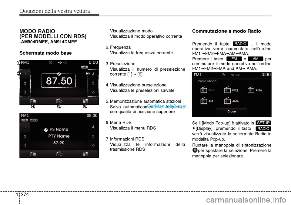 Hyundai Santa Fe 2016 Manuale del proprietario (in Italian) Dotazioni della vostra vettura
274 4
MODO RADIO
(PER MODELLI CON RDS)
-AM904DMEE, AM914DMEE
Schermata modo base
1. Visualizzazione modo
Visualizza il modo operativo corrente
2. Frequenza
Visualizza Hyundai Santa Fe 2016 Manuale del proprietario (in Italian) Dotazioni della vostra vettura
274 4
MODO RADIO
(PER MODELLI CON RDS)
-AM904DMEE, AM914DMEE
Schermata modo base
1. Visualizzazione modo
Visualizza il modo operativo corrente
2. Frequenza
Visualizza