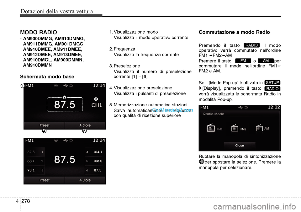 Hyundai Santa Fe 2016 Manuale del proprietario (in Italian) Dotazioni della vostra vettura
278 4
MODO RADIO
- AM900DMMG, AM910DMMG,
AM911DMMG, AM901DMGG,
AM910DMEE, AM911DMEE,
AM912DMEE, AM913DMEE,
AM910DMGL, AM900DMMN,
AM910DMMN
Schermata modo base
1. Visual Hyundai Santa Fe 2016 Manuale del proprietario (in Italian) Dotazioni della vostra vettura
278 4
MODO RADIO
- AM900DMMG, AM910DMMG,
AM911DMMG, AM901DMGG,
AM910DMEE, AM911DMEE,
AM912DMEE, AM913DMEE,
AM910DMGL, AM900DMMN,
AM910DMMN
Schermata modo base
1. Visual