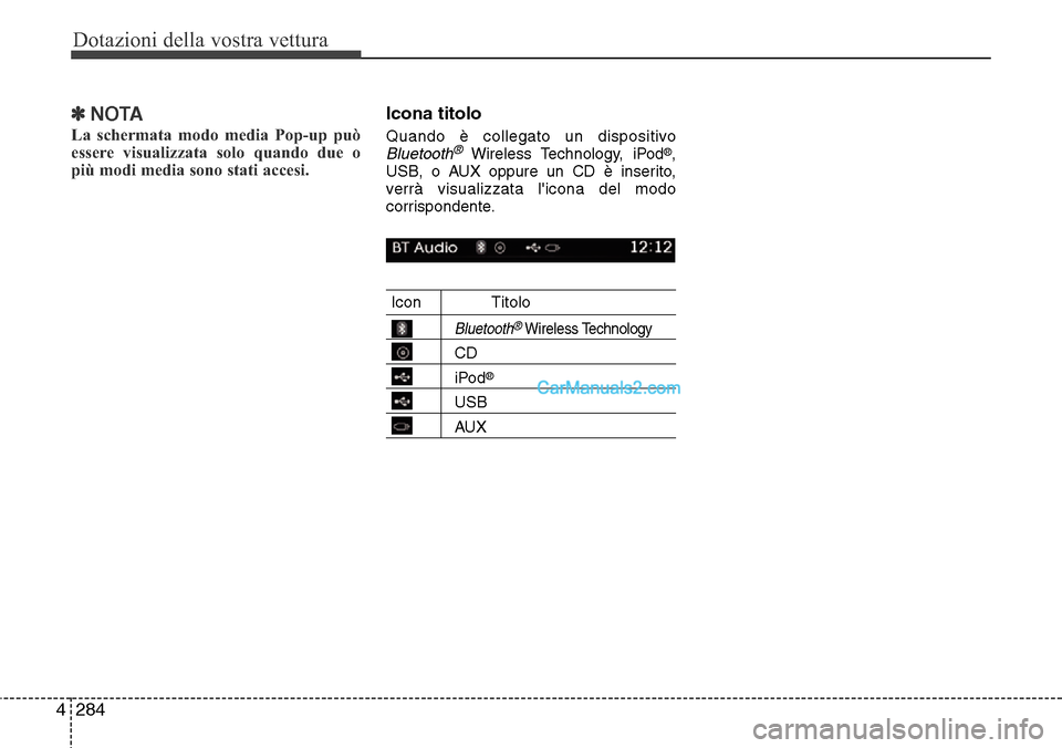 Hyundai Santa Fe 2016 Manuale del proprietario (in Italian) Dotazioni della vostra vettura
284 4
✽NOTA
La schermata modo media Pop-up può
essere visualizzata solo quando due o
più modi media sono stati accesi.
Icona titolo
Quando è collegato un disposit Hyundai Santa Fe 2016 Manuale del proprietario (in Italian) Dotazioni della vostra vettura
284 4
✽NOTA
La schermata modo media Pop-up può
essere visualizzata solo quando due o
più modi media sono stati accesi.
Icona titolo
Quando è collegato un disposit