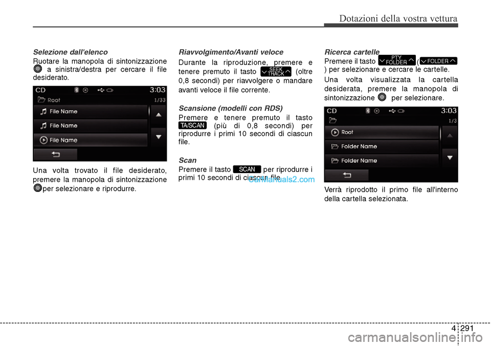Hyundai Santa Fe 2016 Manuale del proprietario (in Italian) 4 291
Dotazioni della vostra vettura
Selezione dallelenco
Ruotare la manopola di sintonizzazione
a sinistra/destra per cercare il file
desiderato.
Una volta trovato il file desiderato,
premere la man Hyundai Santa Fe 2016 Manuale del proprietario (in Italian) 4 291
Dotazioni della vostra vettura
Selezione dallelenco
Ruotare la manopola di sintonizzazione
a sinistra/destra per cercare il file
desiderato.
Una volta trovato il file desiderato,
premere la man