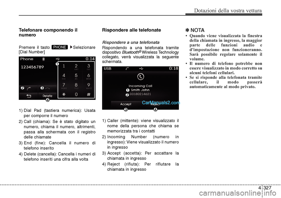 Hyundai Santa Fe 2016  Manuale del proprietario (in Italian) 4 327
Dotazioni della vostra vettura
Telefonare componendo il
numero
Premere il tasto  Selezionare
[Dial Number]
1) Dial Pad (tastiera numerica): Usata
per comporre il numero
2) Call (chiama): Se è s