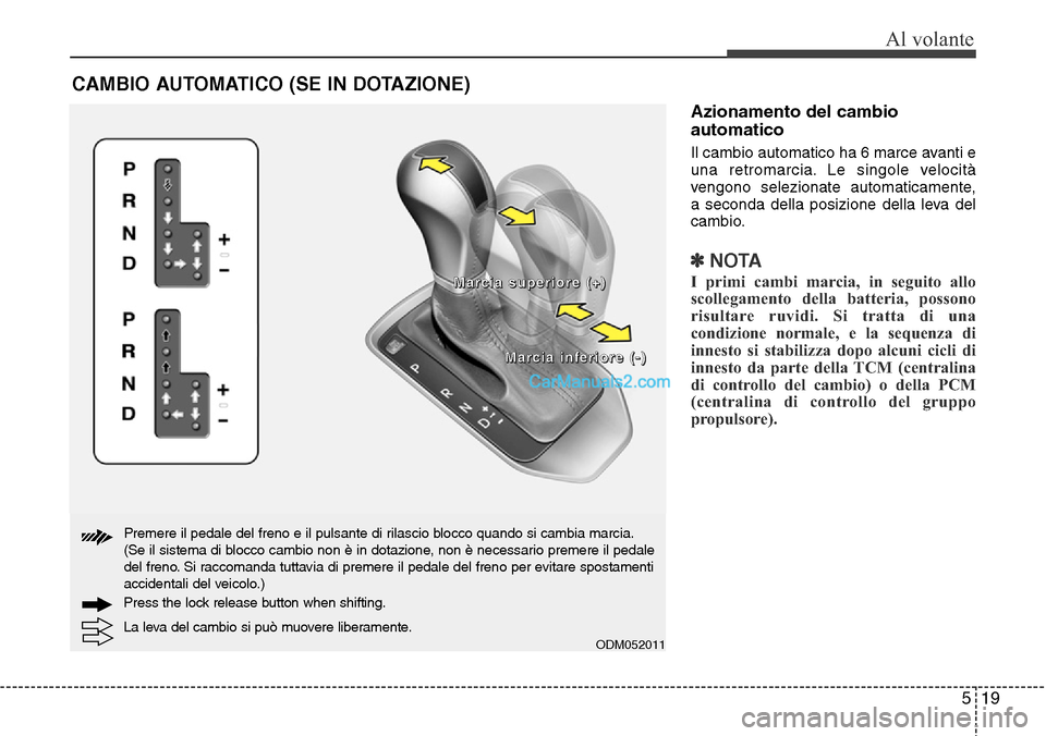 Hyundai Santa Fe 2016 Manuale del proprietario (in Italian) 519
Al volante
Azionamento del cambio
automatico
Il cambio automatico ha 6 marce avanti e
una retromarcia. Le singole velocità
vengono selezionate automaticamente,
a seconda della posizione della lev Hyundai Santa Fe 2016 Manuale del proprietario (in Italian) 519
Al volante
Azionamento del cambio
automatico
Il cambio automatico ha 6 marce avanti e
una retromarcia. Le singole velocità
vengono selezionate automaticamente,
a seconda della posizione della lev