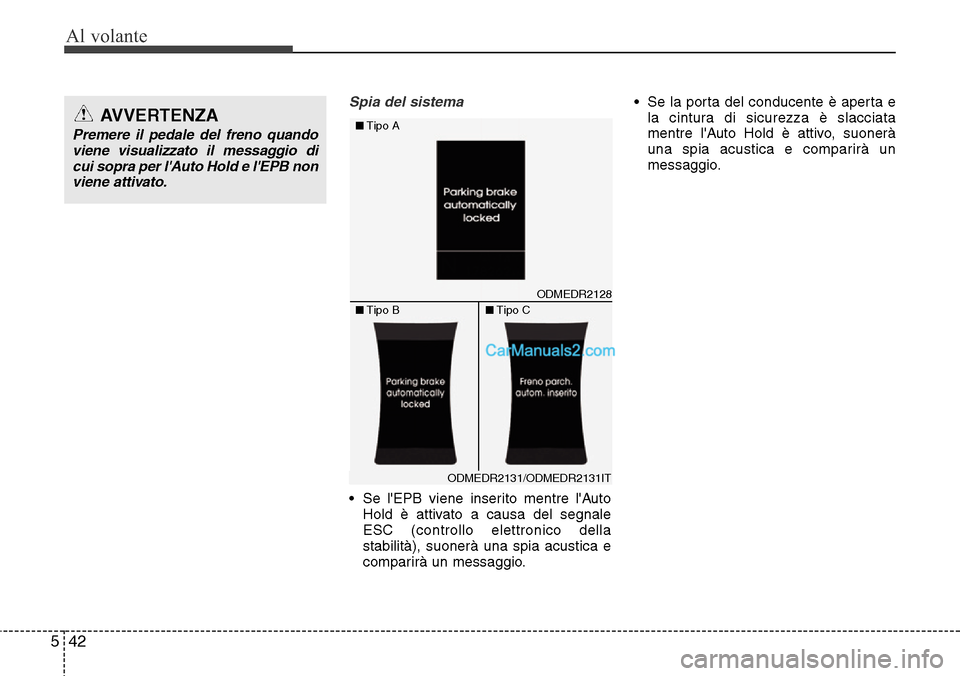 Hyundai Santa Fe 2016  Manuale del proprietario (in Italian) Al volante
42 5
Spia del sistema
• Se lEPB viene inserito mentre lAuto
Hold è attivato a causa del segnale
ESC (controllo elettronico della
stabilità), suonerà una spia acustica e
comparirà un