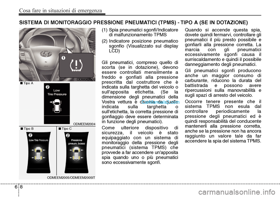 Hyundai Santa Fe 2016 Manuale del proprietario (in Italian) Cosa fare in situazioni di emergenza
8 6
SISTEMA DI MONITORAGGIO PRESSIONE PNEUMATICI (TPMS) - TIPO A (SE IN DOTAZIONE)
(1) Spia pneumatici sgonfi/Indicatore
di malfunzionamento TPMS
(2) Indicatore po Hyundai Santa Fe 2016 Manuale del proprietario (in Italian) Cosa fare in situazioni di emergenza
8 6
SISTEMA DI MONITORAGGIO PRESSIONE PNEUMATICI (TPMS) - TIPO A (SE IN DOTAZIONE)
(1) Spia pneumatici sgonfi/Indicatore
di malfunzionamento TPMS
(2) Indicatore po