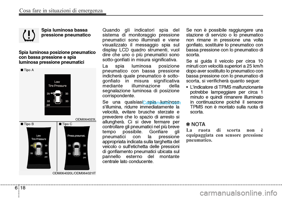 Hyundai Santa Fe 2016 Manuale del proprietario (in Italian) Cosa fare in situazioni di emergenza
18 6
Spia luminosa bassa
pressione pneumatico
Spia luminosa posizione pneumatico
con bassa pressione e spia
luminosa pressione pneumatici
Quando gli indicatori s Hyundai Santa Fe 2016 Manuale del proprietario (in Italian) Cosa fare in situazioni di emergenza
18 6
Spia luminosa bassa
pressione pneumatico
Spia luminosa posizione pneumatico
con bassa pressione e spia
luminosa pressione pneumatici
Quando gli indicatori s