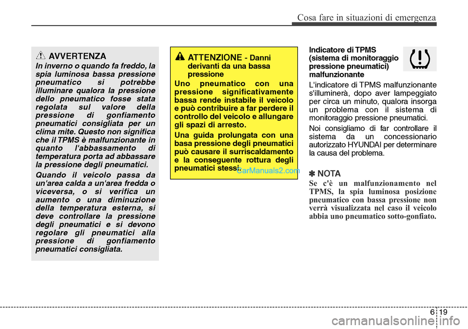 Hyundai Santa Fe 2016 Manuale del proprietario (in Italian) 619
Cosa fare in situazioni di emergenza
Indicatore di TPMS
(sistema di monitoraggio
pressione pneumatici)
malfunzionante
Lindicatore di TPMS malfunzionante
silluminerà, dopo aver lampeggiato
per Hyundai Santa Fe 2016 Manuale del proprietario (in Italian) 619
Cosa fare in situazioni di emergenza
Indicatore di TPMS
(sistema di monitoraggio
pressione pneumatici)
malfunzionante
Lindicatore di TPMS malfunzionante
silluminerà, dopo aver lampeggiato
per