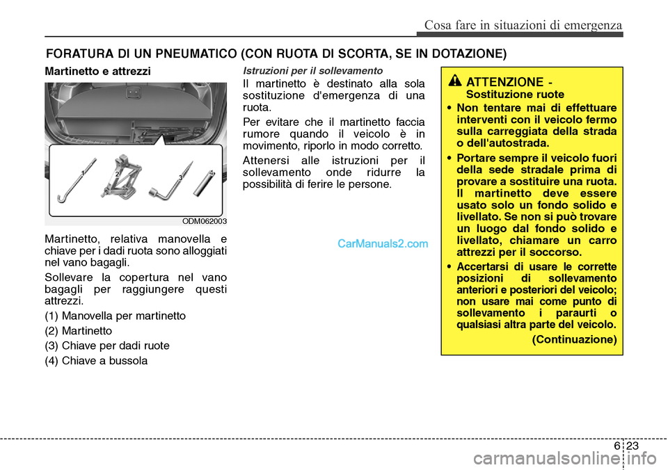 Hyundai Santa Fe 2016 Manuale del proprietario (in Italian) 623
Cosa fare in situazioni di emergenza
FORATURA DI UN PNEUMATICO (CON RUOTA DI SCORTA, SE IN DOTAZIONE)
Martinetto e attrezzi
Martinetto, relativa manovella e
chiave per i dadi ruota sono alloggiati Hyundai Santa Fe 2016 Manuale del proprietario (in Italian) 623
Cosa fare in situazioni di emergenza
FORATURA DI UN PNEUMATICO (CON RUOTA DI SCORTA, SE IN DOTAZIONE)
Martinetto e attrezzi
Martinetto, relativa manovella e
chiave per i dadi ruota sono alloggiati