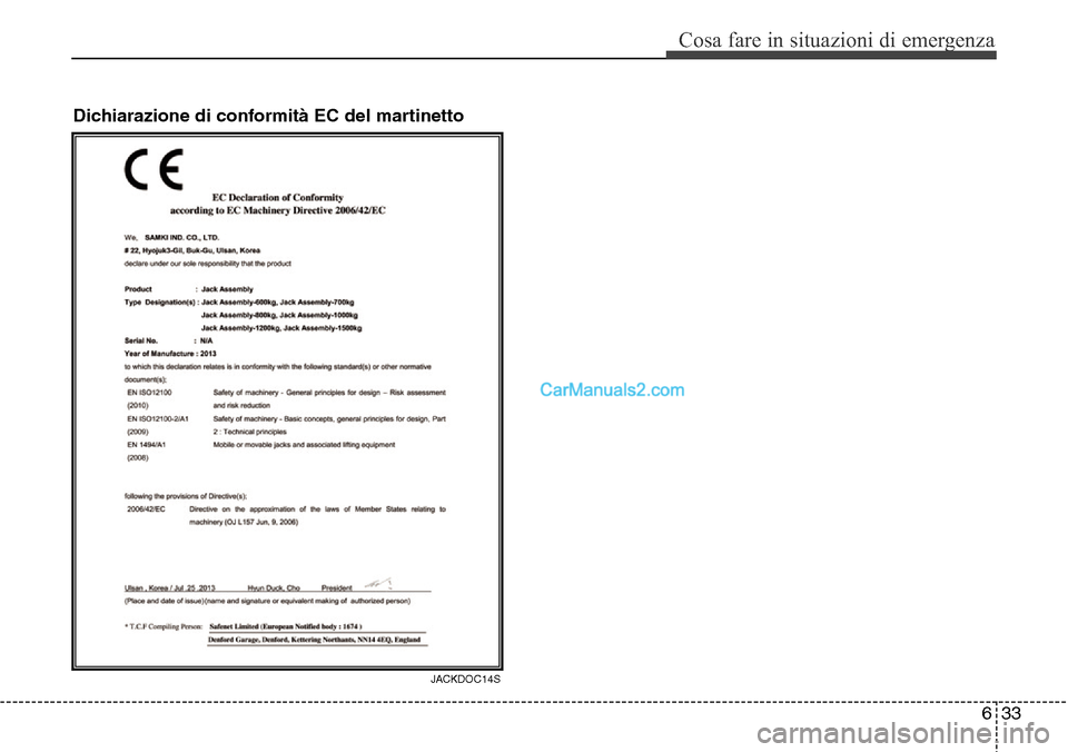 Hyundai Santa Fe 2016 Manuale del proprietario (in Italian) 633
Cosa fare in situazioni di emergenza
Dichiarazione di conformità EC del martinetto
JACKDOC14S Hyundai Santa Fe 2016 Manuale del proprietario (in Italian) 633
Cosa fare in situazioni di emergenza
Dichiarazione di conformità EC del martinetto
JACKDOC14S