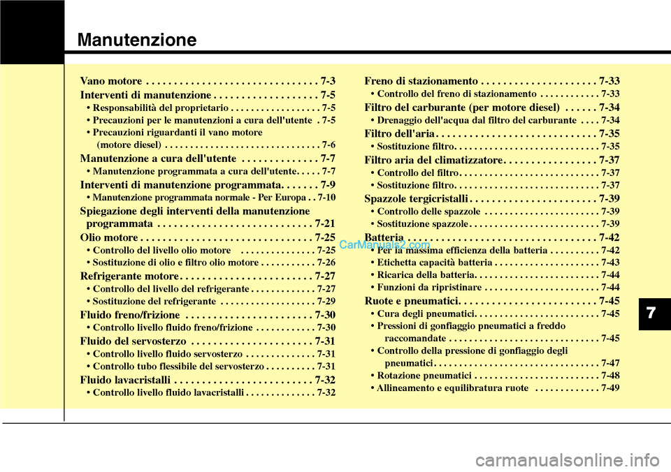 Hyundai Santa Fe 2016 Manuale del proprietario (in Italian) Manutenzione
Vano motore . . . . . . . . . . . . . . . . . . . . . . . . . . . . . . . 7-3
Interventi di manutenzione . . . . . . . . . . . . . . . . . . . 7-5
• Responsabilità del proprietario . . Hyundai Santa Fe 2016 Manuale del proprietario (in Italian) Manutenzione
Vano motore . . . . . . . . . . . . . . . . . . . . . . . . . . . . . . . 7-3
Interventi di manutenzione . . . . . . . . . . . . . . . . . . . 7-5
• Responsabilità del proprietario . .