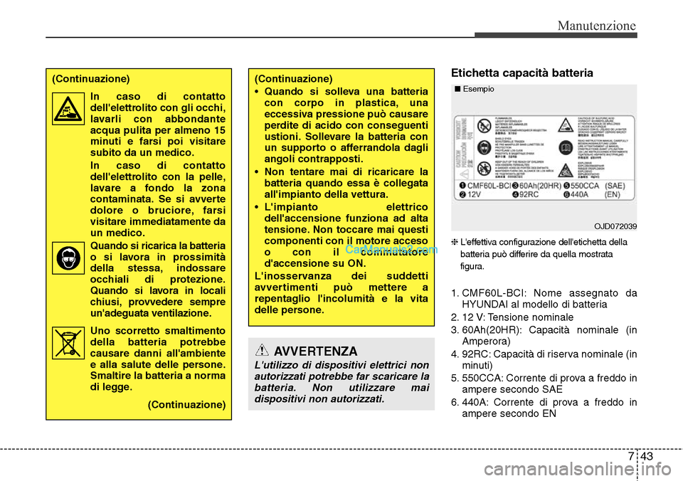 Hyundai Santa Fe 2016 Manuale del proprietario (in Italian) 743
Manutenzione
Etichetta capacità batteria
❈Leffettiva configurazione delletichetta della
batteria può differire da quella mostrata
figura.
1. CMF60L-BCI: Nome assegnato da
HYUNDAI al modello Hyundai Santa Fe 2016 Manuale del proprietario (in Italian) 743
Manutenzione
Etichetta capacità batteria
❈Leffettiva configurazione delletichetta della
batteria può differire da quella mostrata
figura.
1. CMF60L-BCI: Nome assegnato da
HYUNDAI al modello
