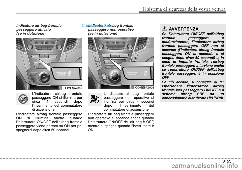 Hyundai Santa Fe 2016  Manuale del proprietario (in Italian) 353
Il sistema di sicurezza della vostra vettura
Indicatore air bag frontale
passeggero attivato 
(se in dotazione)
Lindicatore airbag frontale
passeggero ON si illumina per
circa 4 secondi dopo
lin