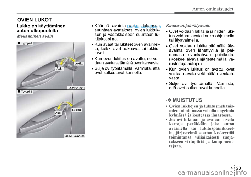 Hyundai Santa Fe 2016 Omistajan Käsikirja (in Finnish) Auton ominaisuudet
4 23
■ Tyyppi A
■ Tyyppi B Auki
Auki Lukittu
ODM042011 Lukittu
ODMECO2035
OVIEN LUKOT
Lukkojen käyttäminen
auton ulkopuolelta
Mekaaninen avain
• Kä Hyundai Santa Fe 2016 Omistajan Käsikirja (in Finnish) Auton ominaisuudet
4 23
■ Tyyppi A
■ Tyyppi B Auki
Auki Lukittu
ODM042011 Lukittu
ODMECO2035
OVIEN LUKOT
Lukkojen käyttäminen
auton ulkopuolelta
Mekaaninen avain
• Kä