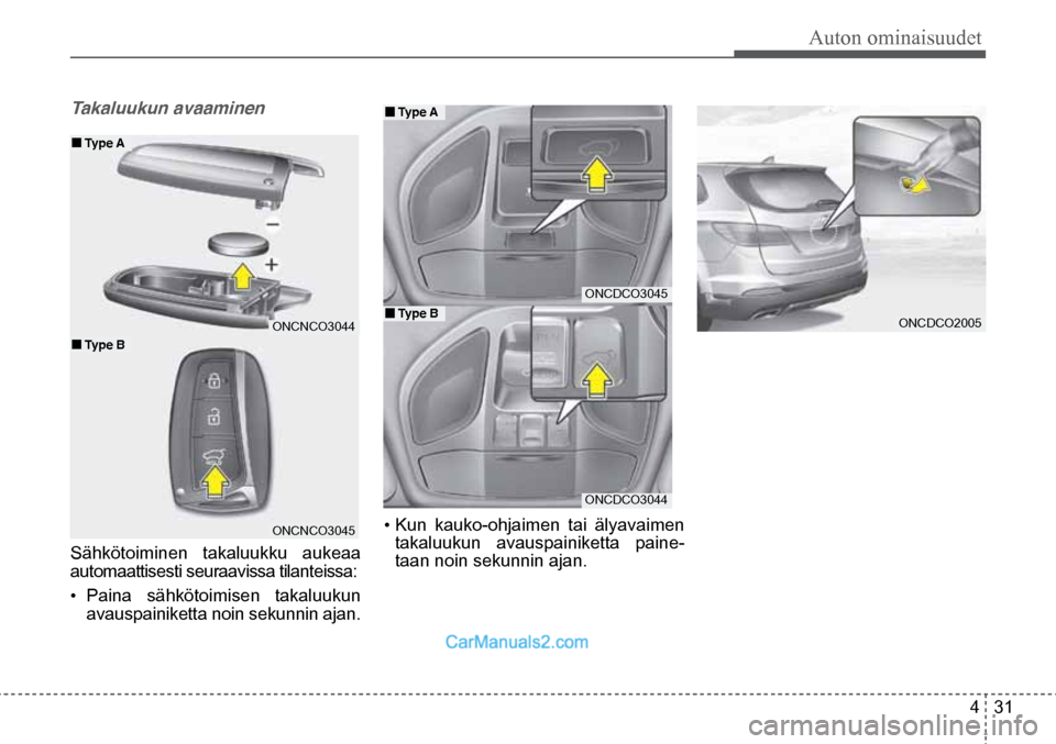 Hyundai Santa Fe 2016 Omistajan Käsikirja (in Finnish) Auton ominaisuudet
4 31
• Kun kauko-ohjaimen tai älyavaimen
takaluukun avauspainiketta paine -
taan noin sekunnin ajan.
Takaluukun avaaminen
Sähkötoiminen takaluukku aukeaa
automaattis Hyundai Santa Fe 2016 Omistajan Käsikirja (in Finnish) Auton ominaisuudet
4 31
• Kun kauko-ohjaimen tai älyavaimen
takaluukun avauspainiketta paine -
taan noin sekunnin ajan.
Takaluukun avaaminen
Sähkötoiminen takaluukku aukeaa
automaattis