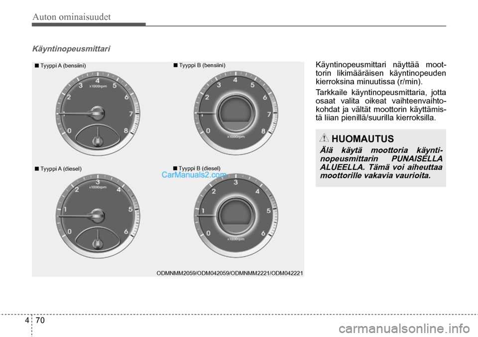 Hyundai Santa Fe 2016 Omistajan Käsikirja (in Finnish) Auton ominaisuudet
4 70
■ Tyyppi A (bensiini)
■ Tyyppi A (diesel) ■ Tyyppi B (bensiini)
■ Tyyppi B (diesel)
ODMNMM2059/ODM042059/ODMNMM2221/ODM042221
HUOMAUTUS
Älä käytä moott Hyundai Santa Fe 2016 Omistajan Käsikirja (in Finnish) Auton ominaisuudet
4 70
■ Tyyppi A (bensiini)
■ Tyyppi A (diesel) ■ Tyyppi B (bensiini)
■ Tyyppi B (diesel)
ODMNMM2059/ODM042059/ODMNMM2221/ODM042221
HUOMAUTUS
Älä käytä moott