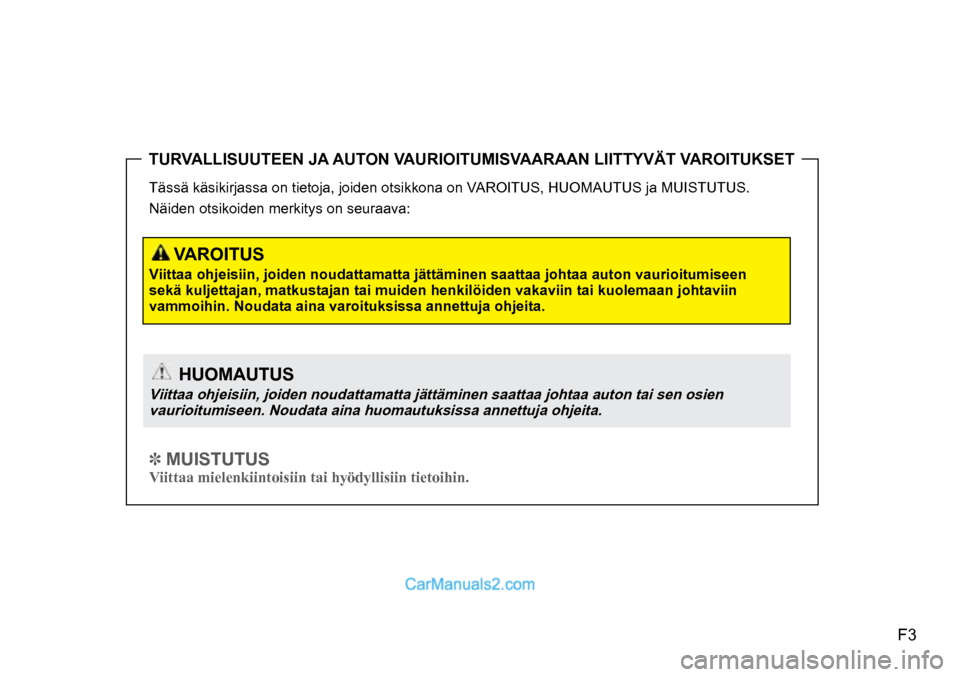 Hyundai Santa Fe 2016  Omistajan Käsikirja (in Finnish) F3  
Tässä käsikirjassa on tietoja, joiden otsikkona on VAROITUS, HUOMAUTUS ja MUISTUTUS.
Näiden otsikoiden merkitys on seuraava:
     VAROITUS 
Viittaa ohjeisiin, joiden noudattamatta jättämine