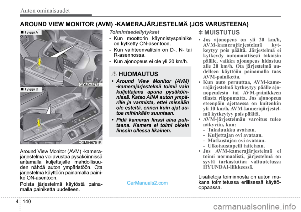 Hyundai Santa Fe 2016  Omistajan Käsikirja (in Finnish) Auton ominaisuudet 
4  140
Around View Monitor (AVM) -kamera-
järjestelmä voi avustaa pysäköinnissä 
antamalla kuljettajalle mahdollisuu-
den nähdä auton ympäristöön. Ota 
järjestelmä käy