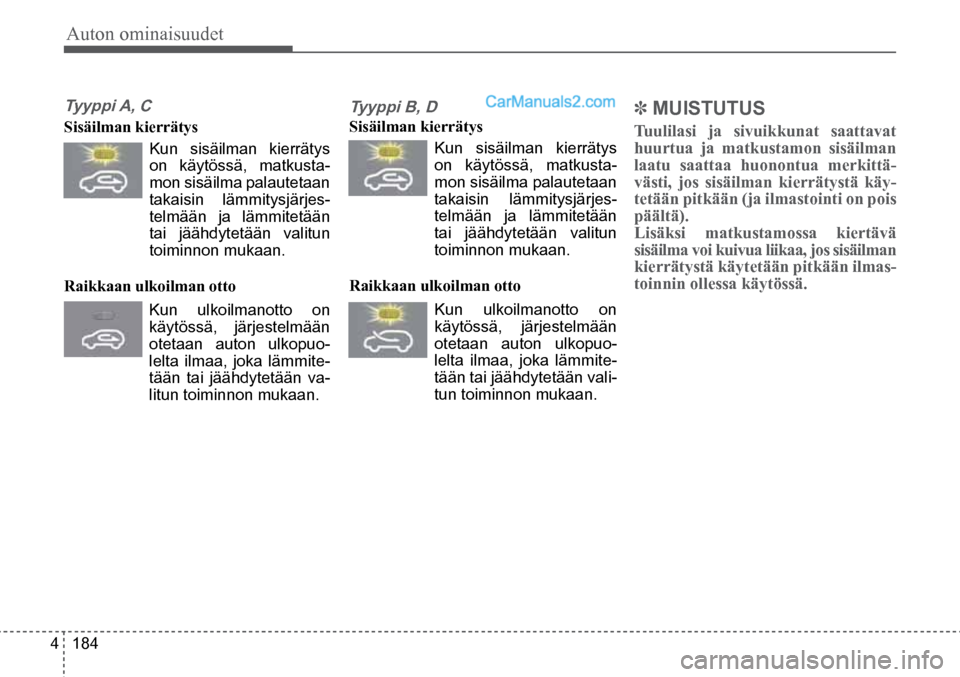 Hyundai Santa Fe 2016  Omistajan Käsikirja (in Finnish) Auton ominaisuudet 
4  184
Tyyppi B, D   
Sisäilman kierrätys       
Kun sisäilman kierrätys 
on käytössä, matkusta-
mon sisäilma palautetaan 
takaisin lämmitysjärjes -
telmään ja lämmite
