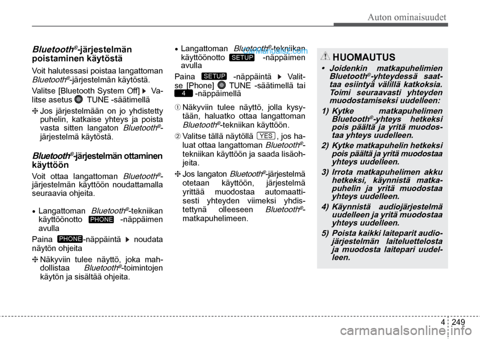 Hyundai Santa Fe 2016 Omistajan Käsikirja (in Finnish) Auton ominaisuudet
4 249
HUOMAUTUS
• Joidenkin matkapuhelimien
Bluetooth®-yhteydessä saat-
taa esiintyä välillä katkoksia. Toimi seuraavasti yhteyden muodostamiseksi uudelleen:
1) Hyundai Santa Fe 2016 Omistajan Käsikirja (in Finnish) Auton ominaisuudet
4 249
HUOMAUTUS
• Joidenkin matkapuhelimien
Bluetooth®-yhteydessä saat-
taa esiintyä välillä katkoksia. Toimi seuraavasti yhteyden muodostamiseksi uudelleen:
1)