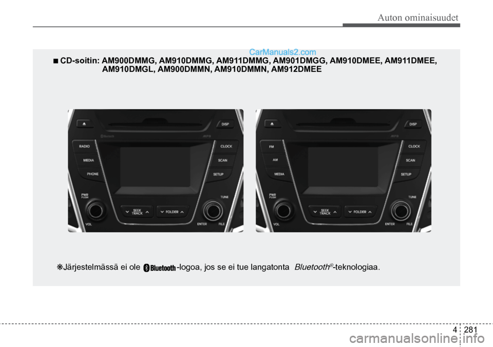 Hyundai Santa Fe 2016 Omistajan Käsikirja (in Finnish) Auton ominaisuudet
4 281
■ CD-soitin: AM900DMMG, AM910DMMG, AM911DMMG, AM901DMGG, AM910DMEE, AM911DMEE,
AM910DMGL, AM900DMMN, AM910DMMN, AM912DMEE
❋Järjestelmässä ei ole -logoa, jos se e Hyundai Santa Fe 2016 Omistajan Käsikirja (in Finnish) Auton ominaisuudet
4 281
■ CD-soitin: AM900DMMG, AM910DMMG, AM911DMMG, AM901DMGG, AM910DMEE, AM911DMEE,
AM910DMGL, AM900DMMN, AM910DMMN, AM912DMEE
❋Järjestelmässä ei ole -logoa, jos se e