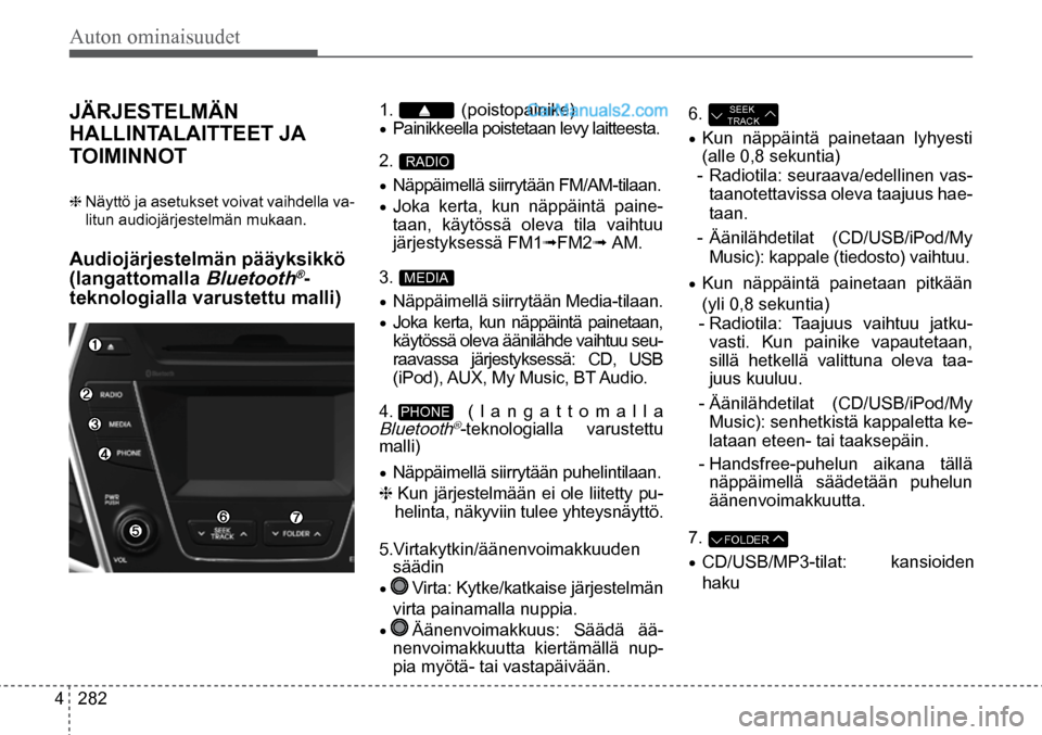 Hyundai Santa Fe 2016 Omistajan Käsikirja (in Finnish) Auton ominaisuudet
4 282 7.
FOLDER
6. SEEK
TRACK
3. MEDIA
2. RADIO
1. (poistopainike)
• Painikkeella poistetaan levy laitteesta. JÄRJESTELMÄN
HALLINTALAITTEET JA
Hyundai Santa Fe 2016 Omistajan Käsikirja (in Finnish) Auton ominaisuudet
4 282 7.
FOLDER
6. SEEK
TRACK
3. MEDIA
2. RADIO
1. (poistopainike)
• Painikkeella poistetaan levy laitteesta. JÄRJESTELMÄN
HALLINTALAITTEET JA