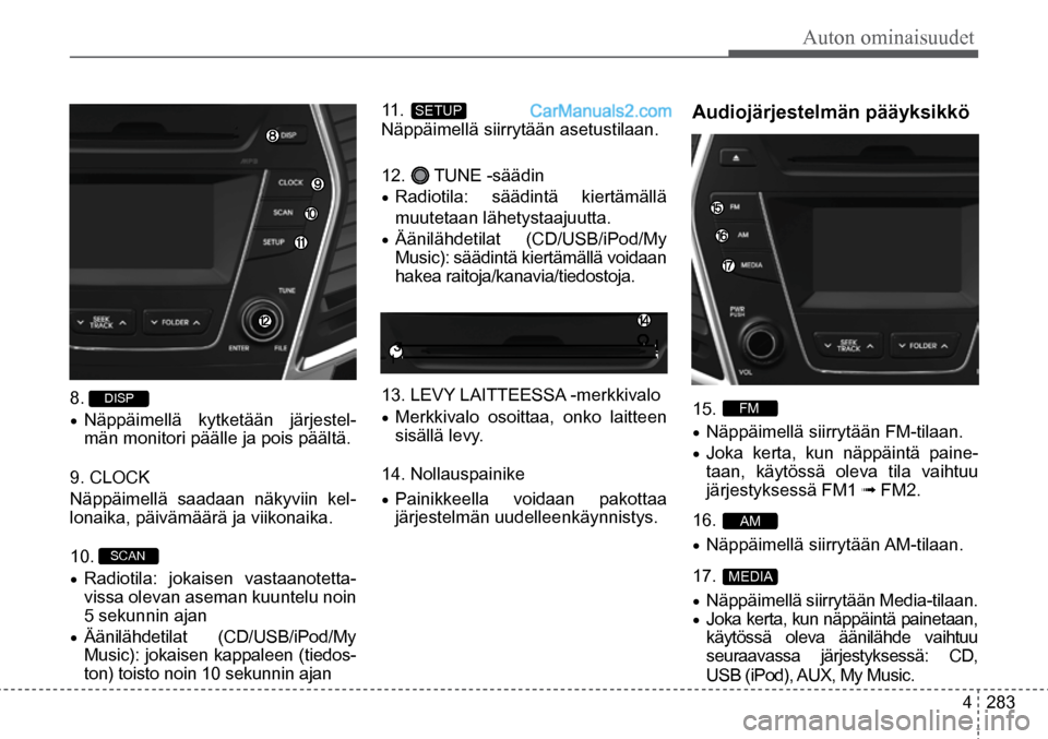 Hyundai Santa Fe 2016 Omistajan Käsikirja (in Finnish) Auton ominaisuudet
4 283
17.
MEDIA
16. AM
15. FM
11. SETUP
10. SCAN
8. DISP
• Näppäimellä kytketään järjestel
-
män monitori päälle ja pois päältä.
9. CLOCK
Näpp Hyundai Santa Fe 2016 Omistajan Käsikirja (in Finnish) Auton ominaisuudet
4 283
17.
MEDIA
16. AM
15. FM
11. SETUP
10. SCAN
8. DISP
• Näppäimellä kytketään järjestel
-
män monitori päälle ja pois päältä.
9. CLOCK
Näpp