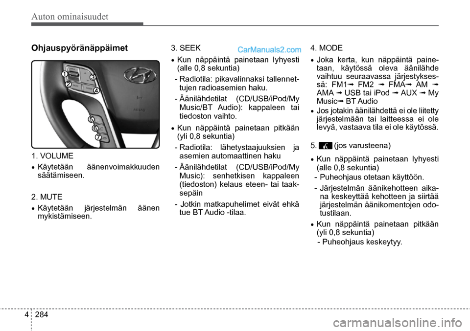 Hyundai Santa Fe 2016  Omistajan Käsikirja (in Finnish) Auton ominaisuudet 
4  284
Ohjauspyöränäppäimet  
1. VOLUME
•	Käytetään äänenvoimakkuuden 
säätämiseen.
2. MUTE
•	Käytetään järjestelmän äänen 
mykistämiseen.
  3. SEEK 
•	Ku