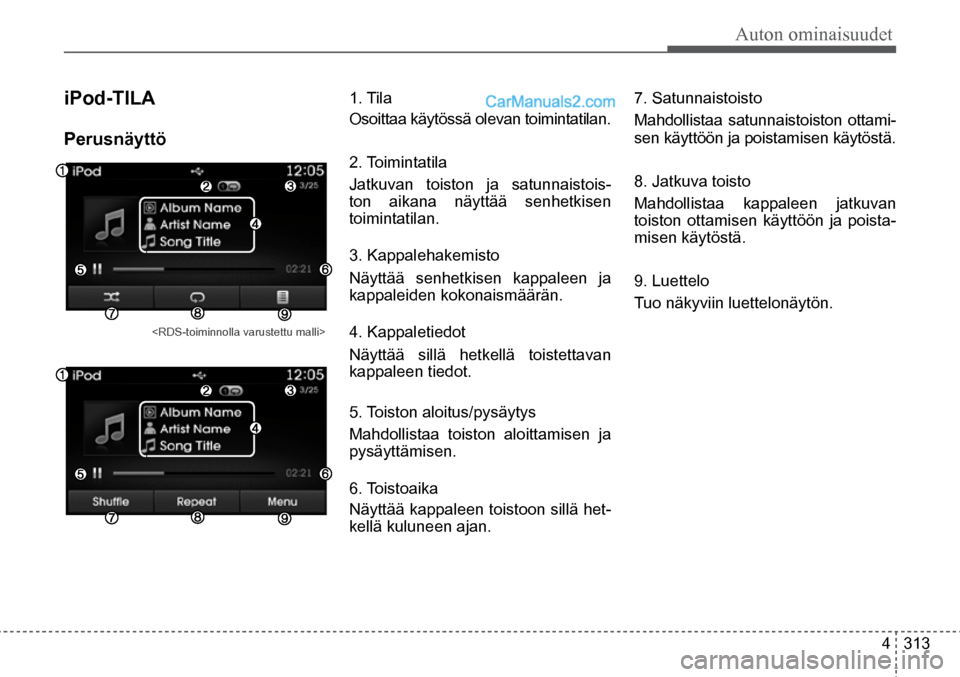 Hyundai Santa Fe 2016  Omistajan Käsikirja (in Finnish) Auton ominaisuudet
4  313
<RDS-toiminnolla varustettu malli>  
iPod-TILA 
Perusnäyttö  
1. Tila 
Osoittaa käytössä olevan toimintatilan. 
2. Toimintatila
Jatkuvan toiston ja satunnaistois-
ton ai