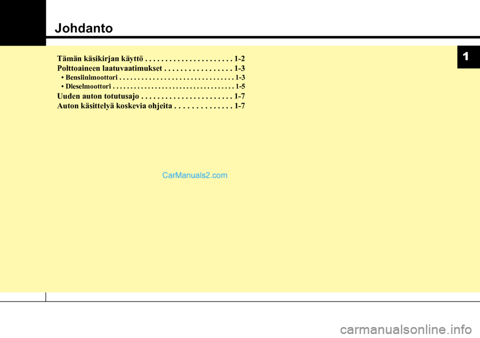 Hyundai Santa Fe 2016  Omistajan Käsikirja (in Finnish) Johdanto  
Tämän käsikirjan käyttö . . . . . . . . . . . . . . . . .\
 . . . . . 1-2 
Polttoaineen laatuvaatimukset . . . . . . . . . . . . . . . . . 1-3 
• Bensiinimoottori . . . . . . . . . .