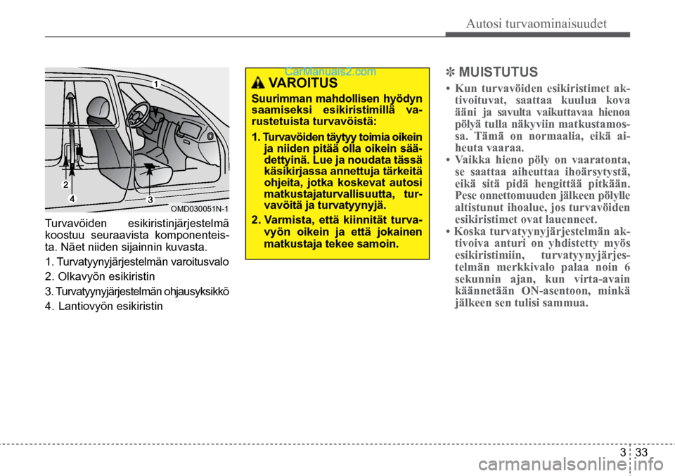 Hyundai Santa Fe 2016 Omistajan Käsikirja (in Finnish) Autosi turvaominaisuudet
3 33
OMD030051N-1
Turvavöiden esikiristinjärjestelmä
koostuu seuraavista komponenteis-
ta. Näet niiden sijainnin kuvasta.
1. Turvatyynyjärjestelmän varoitusvalo
2 Hyundai Santa Fe 2016 Omistajan Käsikirja (in Finnish) Autosi turvaominaisuudet
3 33
OMD030051N-1
Turvavöiden esikiristinjärjestelmä
koostuu seuraavista komponenteis-
ta. Näet niiden sijainnin kuvasta.
1. Turvatyynyjärjestelmän varoitusvalo
2