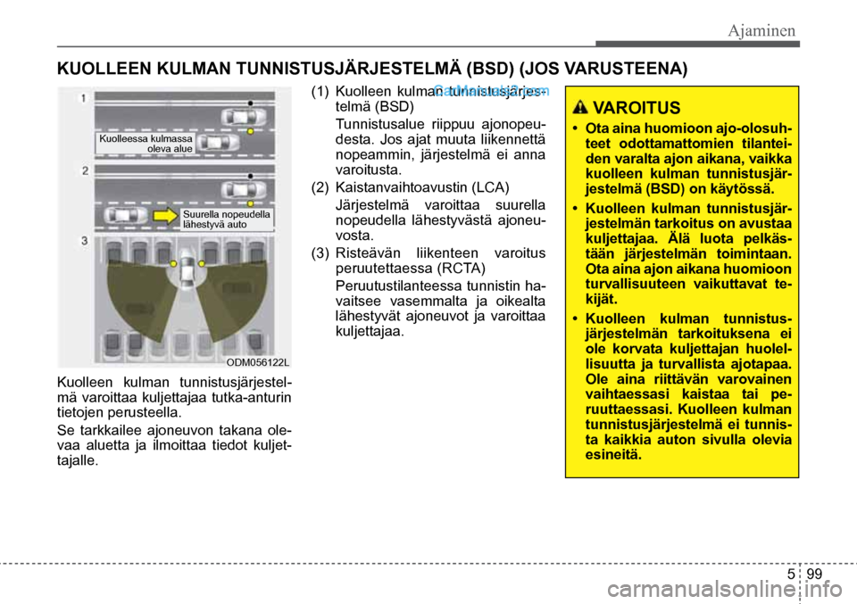 Hyundai Santa Fe 2016 Omistajan Käsikirja (in Finnish) Ajaminen
5 99
Kuolleen kulman tunnistusjärjestel
-
mä varoittaa kuljettajaa tutka-anturin
tietojen perusteella.
Se tarkkailee ajoneuvon takana ole-
vaa aluetta ja ilmoittaa tiedot kuljet-
tajall Hyundai Santa Fe 2016 Omistajan Käsikirja (in Finnish) Ajaminen
5 99
Kuolleen kulman tunnistusjärjestel
-
mä varoittaa kuljettajaa tutka-anturin
tietojen perusteella.
Se tarkkailee ajoneuvon takana ole-
vaa aluetta ja ilmoittaa tiedot kuljet-
tajall