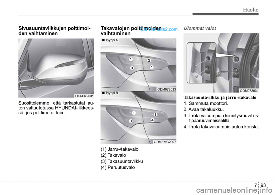 Hyundai Santa Fe 2016 Omistajan Käsikirja (in Finnish) Huolto
7 93
■ Tyyppi A
■ Tyyppi B
(1) Jarru-/takavalo
(2) Takavalo
(3) Takasuuntavilkku
(4) Peruutusvalo
ODM072033
ODMEMC2007 ODM072034
ODM072031
Sivusuuntavilkkujen polttimoi- Hyundai Santa Fe 2016 Omistajan Käsikirja (in Finnish) Huolto
7 93
■ Tyyppi A
■ Tyyppi B
(1) Jarru-/takavalo
(2) Takavalo
(3) Takasuuntavilkku
(4) Peruutusvalo
ODM072033
ODMEMC2007 ODM072034
ODM072031
Sivusuuntavilkkujen polttimoi-