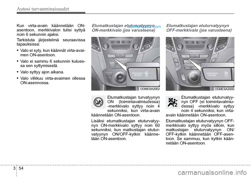 Hyundai Santa Fe 2016 Omistajan Käsikirja (in Finnish) Autosi turvaominaisuudet
3 54
ODMESA2002 ODMESA2005
Kun virta-avain käännetään ON-
asentoon, merkkivalon tulisi syttyä
noin 6 sekunnin ajaksi.
Tarkistuta järjestelmä seuraavissa
tapauks Hyundai Santa Fe 2016 Omistajan Käsikirja (in Finnish) Autosi turvaominaisuudet
3 54
ODMESA2002 ODMESA2005
Kun virta-avain käännetään ON-
asentoon, merkkivalon tulisi syttyä
noin 6 sekunnin ajaksi.
Tarkistuta järjestelmä seuraavissa
tapauks