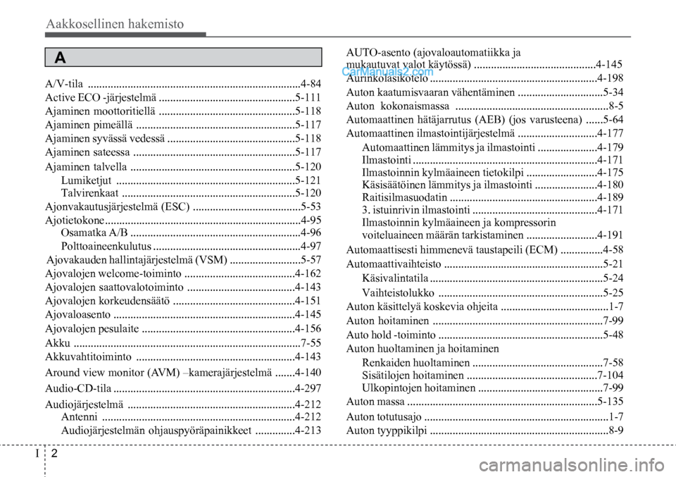 Hyundai Santa Fe 2016 Omistajan Käsikirja (in Finnish) Aakkosellinen hakemisto
I 2
A
A/V-tila ........................................................................\
...4-84
Active ECO -järjestelmä ............................................... Hyundai Santa Fe 2016 Omistajan Käsikirja (in Finnish) Aakkosellinen hakemisto
I 2
A
A/V-tila ........................................................................\
...4-84
Active ECO -järjestelmä ...............................................