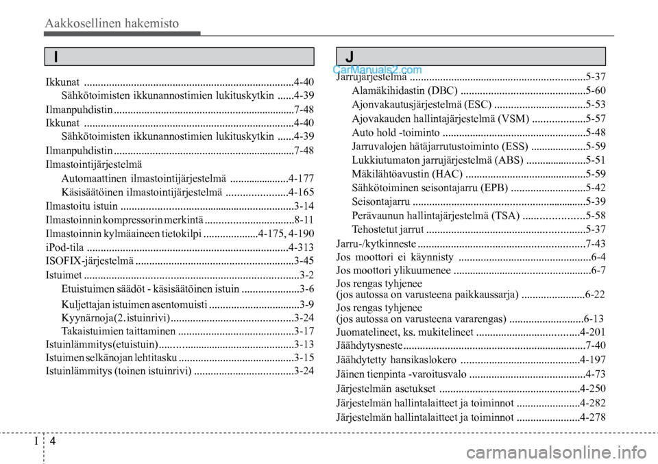 Hyundai Santa Fe 2016 Omistajan Käsikirja (in Finnish) Aakkosellinen hakemisto
I 4
I
Ikkunat ........................................................................\
....4-40
Sähkötoimisten ikkunannostimien lukituskytkin ......4-39
Ilmanpuhdis Hyundai Santa Fe 2016 Omistajan Käsikirja (in Finnish) Aakkosellinen hakemisto
I 4
I
Ikkunat ........................................................................\
....4-40
Sähkötoimisten ikkunannostimien lukituskytkin ......4-39
Ilmanpuhdis
