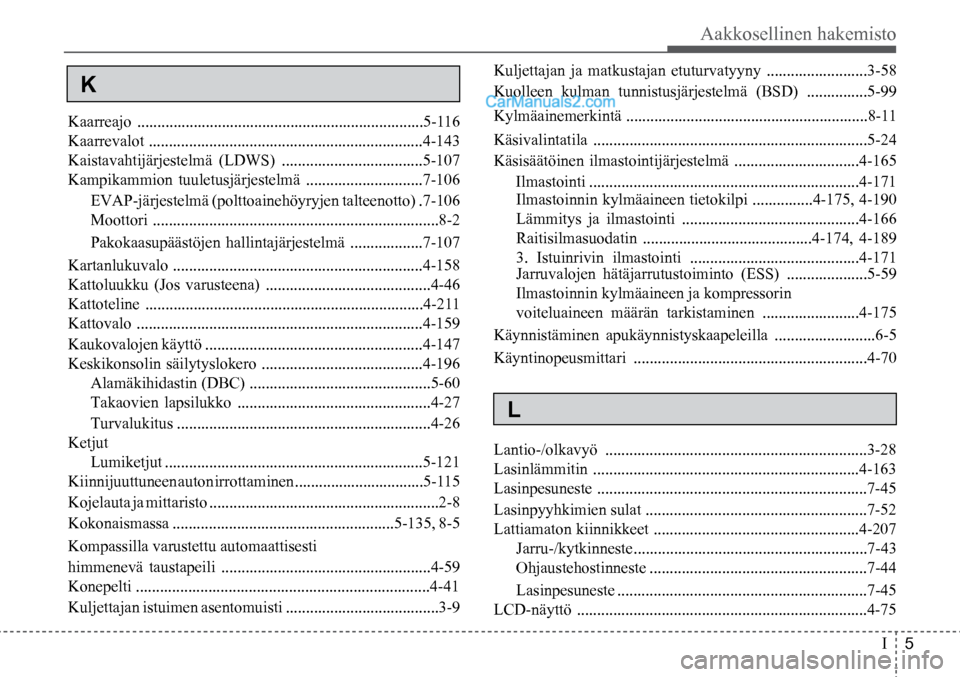Hyundai Santa Fe 2016 Omistajan Käsikirja (in Finnish) Aakkosellinen hakemisto
I 5
Kuljettajan ja matkustajan etuturvatyyny .........................3-58
Kuolleen kulman tunnistusjärjestelmä (BSD) ...............5-99
Kylmäainemerkintä ........... Hyundai Santa Fe 2016 Omistajan Käsikirja (in Finnish) Aakkosellinen hakemisto
I 5
Kuljettajan ja matkustajan etuturvatyyny .........................3-58
Kuolleen kulman tunnistusjärjestelmä (BSD) ...............5-99
Kylmäainemerkintä ...........