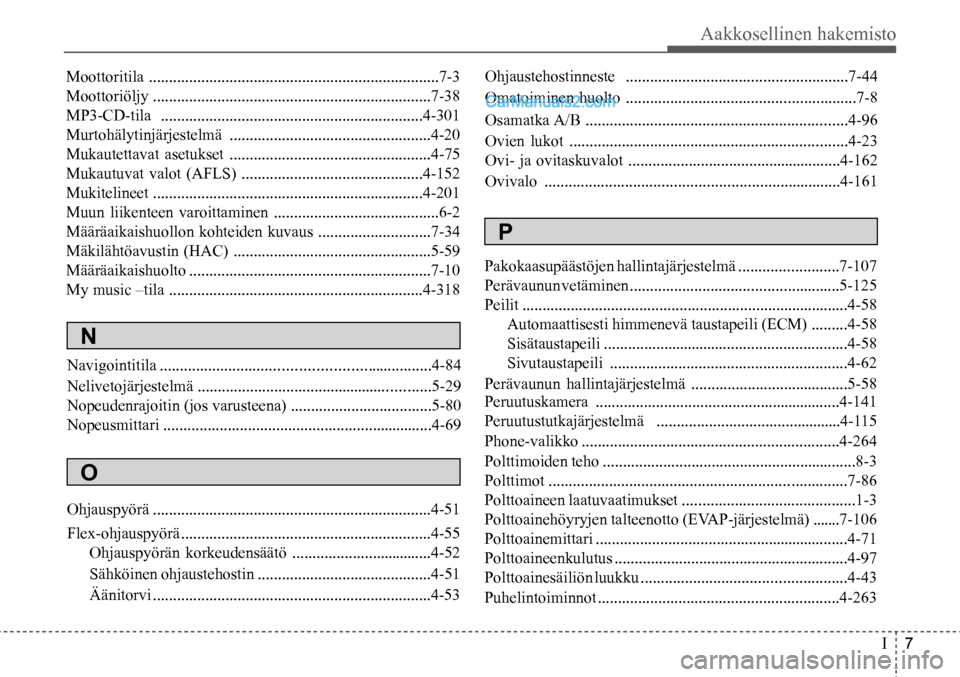 Hyundai Santa Fe 2016 Omistajan Käsikirja (in Finnish) Aakkosellinen hakemisto
I 7
O
Ohjauspyörä ......................................................\
...............4-51
Flex-ohjauspyörä .................................................\
.... Hyundai Santa Fe 2016 Omistajan Käsikirja (in Finnish) Aakkosellinen hakemisto
I 7
O
Ohjauspyörä ......................................................\
...............4-51
Flex-ohjauspyörä .................................................\
....