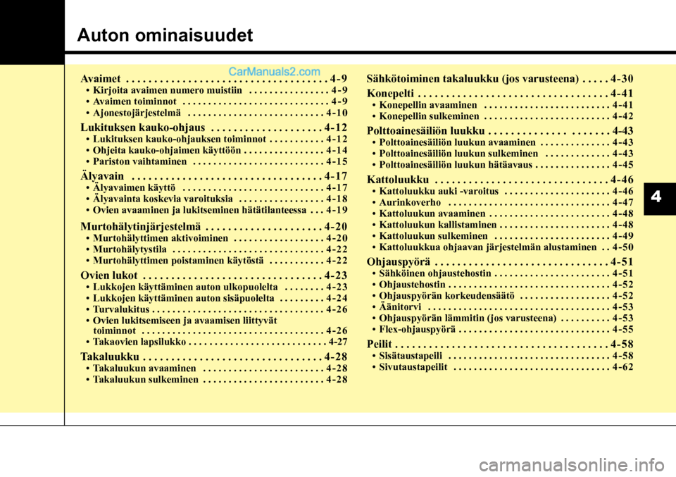 Hyundai Santa Fe 2016 Omistajan Käsikirja (in Finnish) Auton ominaisuudet
4
Avaimet ....................................4-9 • Kirjoita avaimen numero muistiin ................4-9 • Avaimen toiminnot ............................. 4-9 • Ajonesto Hyundai Santa Fe 2016 Omistajan Käsikirja (in Finnish) Auton ominaisuudet
4
Avaimet ....................................4-9 • Kirjoita avaimen numero muistiin ................4-9 • Avaimen toiminnot ............................. 4-9 • Ajonesto