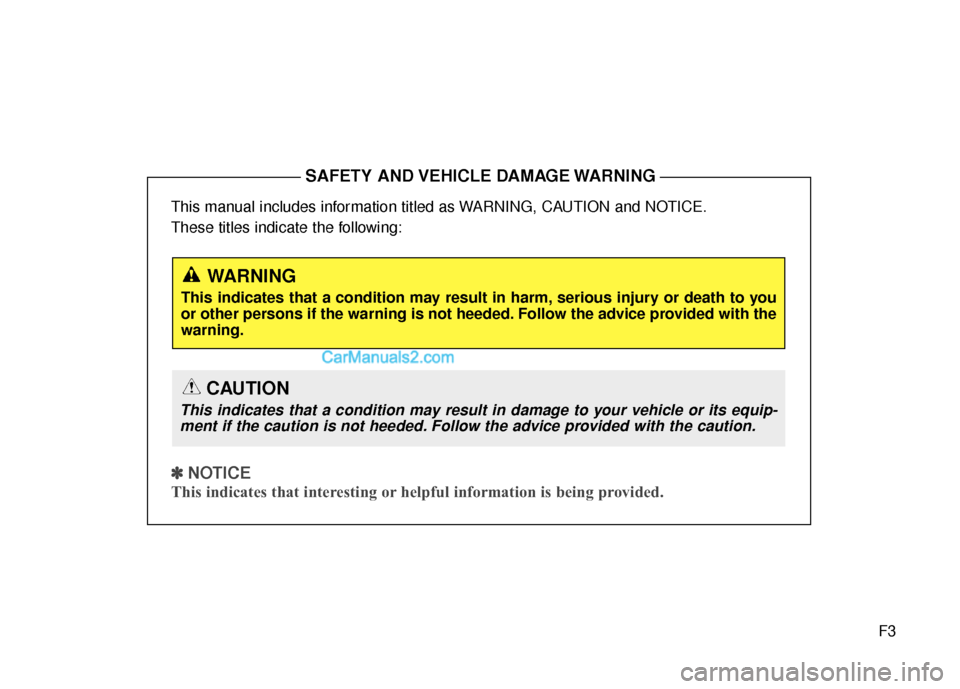 Hyundai Santa Fe 2015  Owners Manual F3
This manual includes information titled as WARNING, CAUTION and NOTICE.
These titles indicate the following:
✽ ✽
 
 
NOTICE
This indicates that interesting or helpful information is being provi