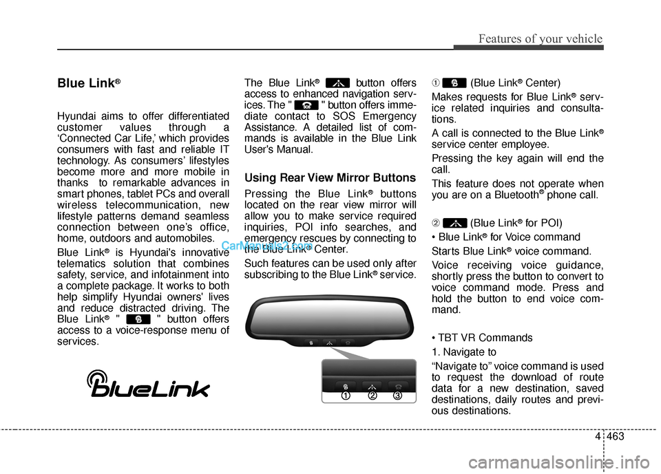 Hyundai Santa Fe 2015 Owners Manual 4463
Features of your vehicle
Blue Link®
Hyundai aims to offer differentiated
customer values through a
‘Connected Car Life,’ which provides
consumers with fast and reliable IT
technology. As con Hyundai Santa Fe 2015 Owners Manual 4463
Features of your vehicle
Blue Link®
Hyundai aims to offer differentiated
customer values through a
‘Connected Car Life,’ which provides
consumers with fast and reliable IT
technology. As con