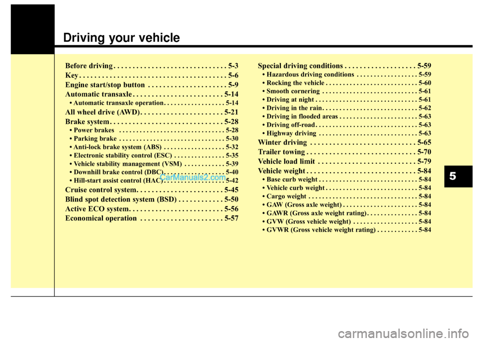 Hyundai Santa Fe 2015 Owners Manual Driving your vehicle
Before driving . . . . . . . . . . . . . . . . . . . . . . . . . . . . . . 5-3
Key . . . . . . . . . . . . . . . . . . . . . . . . . . . . . . . . . . . . \
. . . 5-6
Engine sta Hyundai Santa Fe 2015 Owners Manual Driving your vehicle
Before driving . . . . . . . . . . . . . . . . . . . . . . . . . . . . . . 5-3
Key . . . . . . . . . . . . . . . . . . . . . . . . . . . . . . . . . . . . \
. . . 5-6
Engine sta
