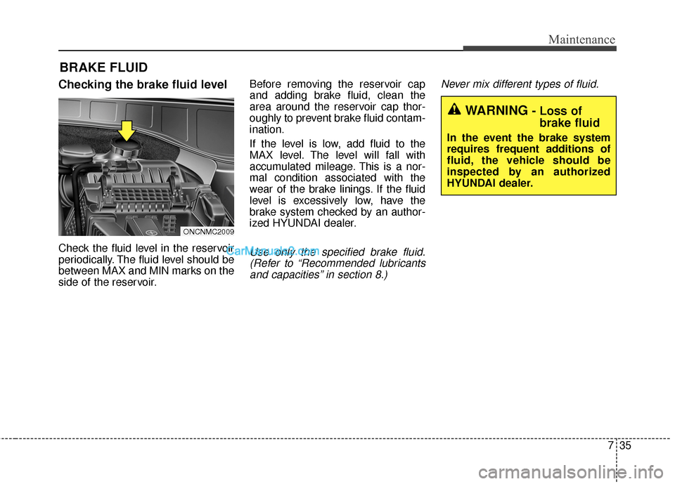 Hyundai Santa Fe 2015 Owners Manual 735
Maintenance
BRAKE FLUID
Checking the brake fluid level
Check the fluid level in the reservoir
periodically. The fluid level should be
between MAX and MIN marks on the
side of the reservoir.Before Hyundai Santa Fe 2015 Owners Manual 735
Maintenance
BRAKE FLUID
Checking the brake fluid level
Check the fluid level in the reservoir
periodically. The fluid level should be
between MAX and MIN marks on the
side of the reservoir.Before
