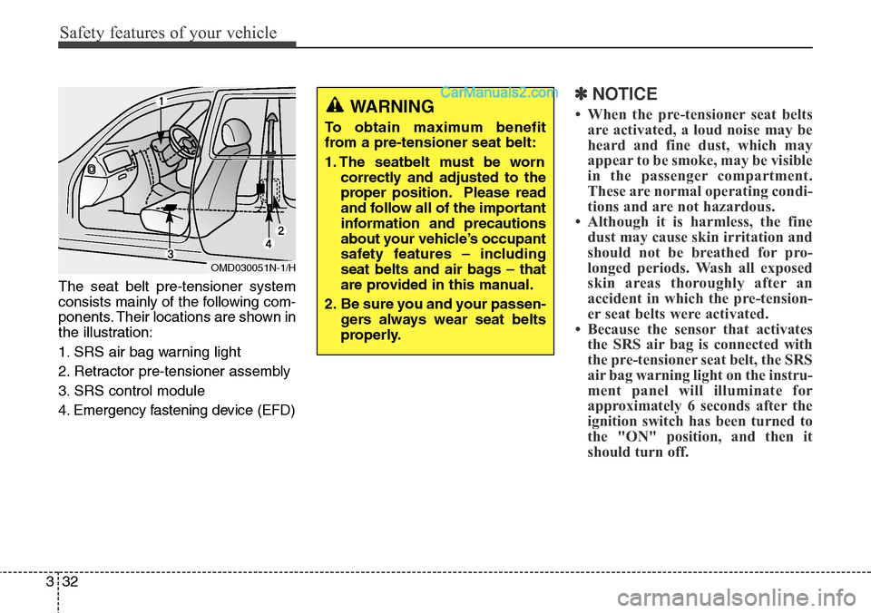 Hyundai Santa Fe 2015   - RHD (UK, Australia) Workshop Manual Safety features of your vehicle
32 3
The seat belt pre-tensioner system
consists mainly of the following com-
ponents. Their locations are shown in
the illustration:
1. SRS air bag warning light
2. Re