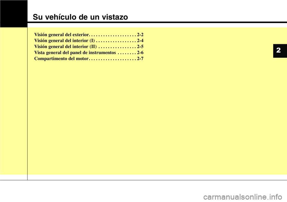 Hyundai Santa Fe 2015  Manual del propietario (in Spanish) Su vehículo de un vistazo
Visión general del exterior. . . . . . . . . . . . . . . . . . . . 2-2
Visión general del interior (I) . . . . . . . . . . . . . . . . . 2-4
Visión general del interior (