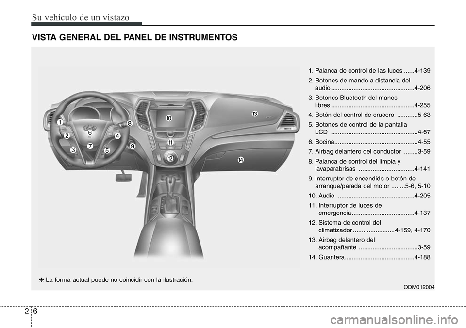 Hyundai Santa Fe 2015 Manual del propietario (in Spanish) Su vehículo de un vistazo
6 2
VISTA GENERAL DEL PANEL DE INSTRUMENTOS
1. Palanca de control de las luces ......4-139
2. Botones de mando a distancia del
audio ....................................... Hyundai Santa Fe 2015 Manual del propietario (in Spanish) Su vehículo de un vistazo
6 2
VISTA GENERAL DEL PANEL DE INSTRUMENTOS
1. Palanca de control de las luces ......4-139
2. Botones de mando a distancia del
audio .......................................