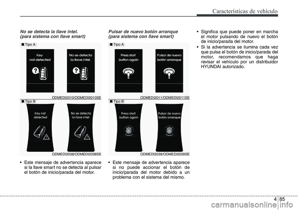 Hyundai Santa Fe 2015 Manual del propietario (in Spanish) 485
Características de vehículo
No se detecta la llave intel.
(para sistema con llave smart)
• Este mensaje de advertencia aparece
si la llave smart no se detecta al pulsar
el botón de inicio/par Hyundai Santa Fe 2015 Manual del propietario (in Spanish) 485
Características de vehículo
No se detecta la llave intel.
(para sistema con llave smart)
• Este mensaje de advertencia aparece
si la llave smart no se detecta al pulsar
el botón de inicio/par