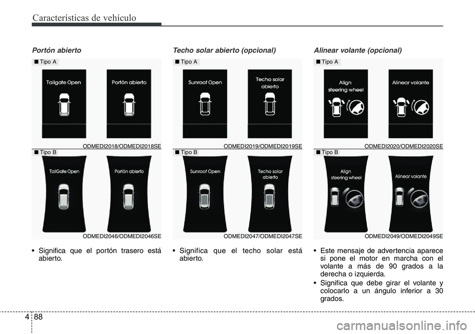 Hyundai Santa Fe 2015 Manual del propietario (in Spanish) Características de vehículo
88 4
Portón abierto
• Significa que el portón trasero está
abierto.
Techo solar abierto (opcional)
• Significa que el techo solar está
abierto.
Alinear volante ( Hyundai Santa Fe 2015 Manual del propietario (in Spanish) Características de vehículo
88 4
Portón abierto
• Significa que el portón trasero está
abierto.
Techo solar abierto (opcional)
• Significa que el techo solar está
abierto.
Alinear volante (