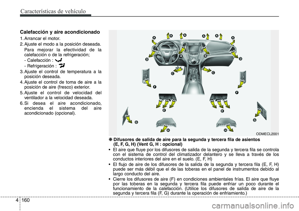 Hyundai Santa Fe 2015 Manual del propietario (in Spanish) Características de vehículo
160 4
Calefacción y aire acondicionado
1. Arrancar el motor.
2. Ajuste el modo a la posición deseada.
Para mejorar la efectividad de la
calefacción o de la refrigeraci Hyundai Santa Fe 2015 Manual del propietario (in Spanish) Características de vehículo
160 4
Calefacción y aire acondicionado
1. Arrancar el motor.
2. Ajuste el modo a la posición deseada.
Para mejorar la efectividad de la
calefacción o de la refrigeraci